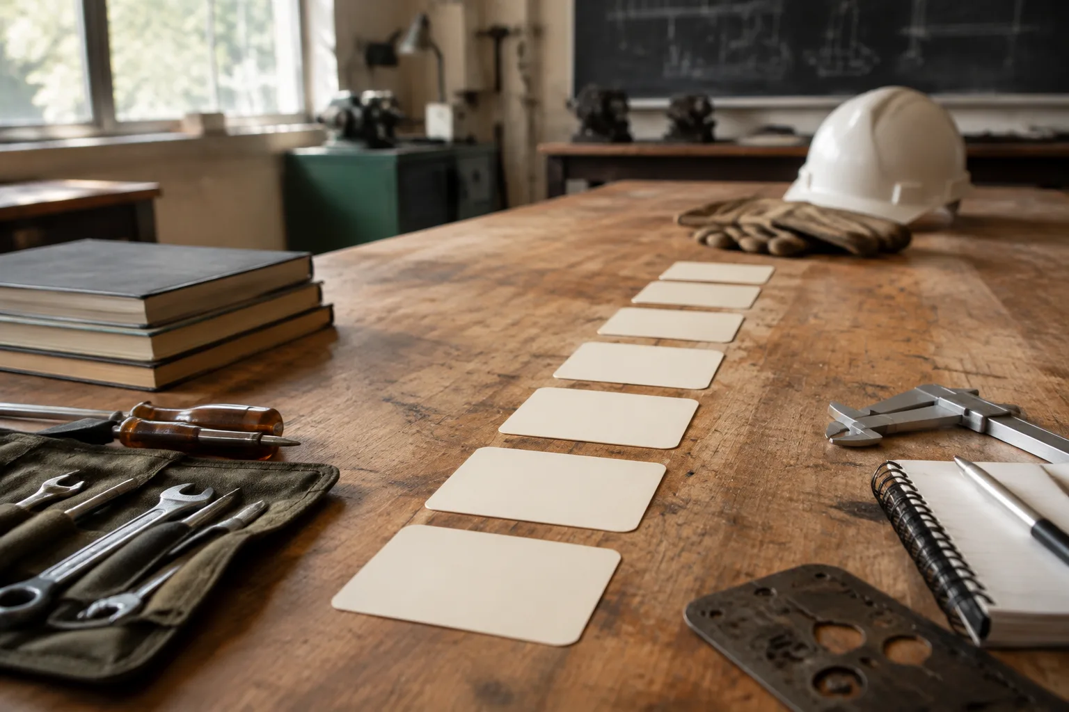 Workforce training materials, safety equipment, and career pathway cards on a workbench