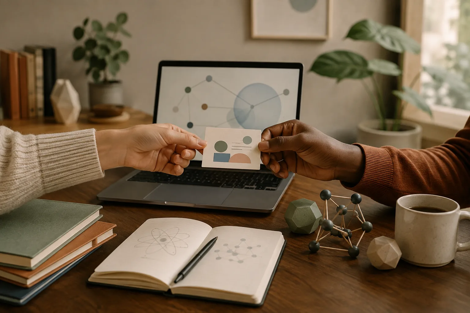 Two people exchange a feedback card beside online STEM learning materials