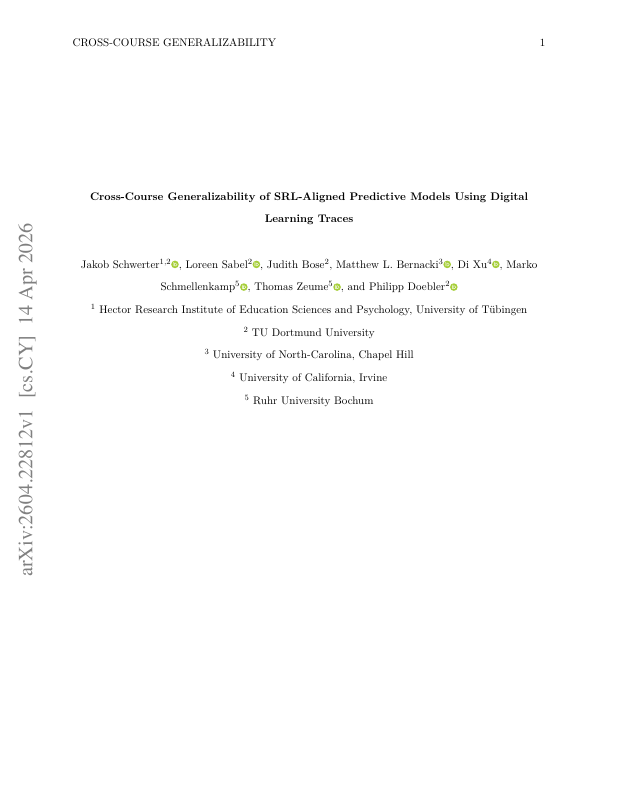 First page of the authors’ preprint on cross-course generalizability of SRL-aligned predictive models