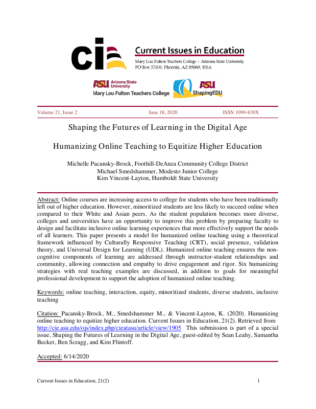 First page of Humanizing Online Teaching to Equitize Higher Education