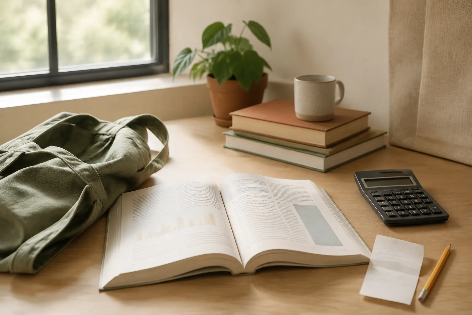 Open learning materials, calculator, books, and study tools on a research table