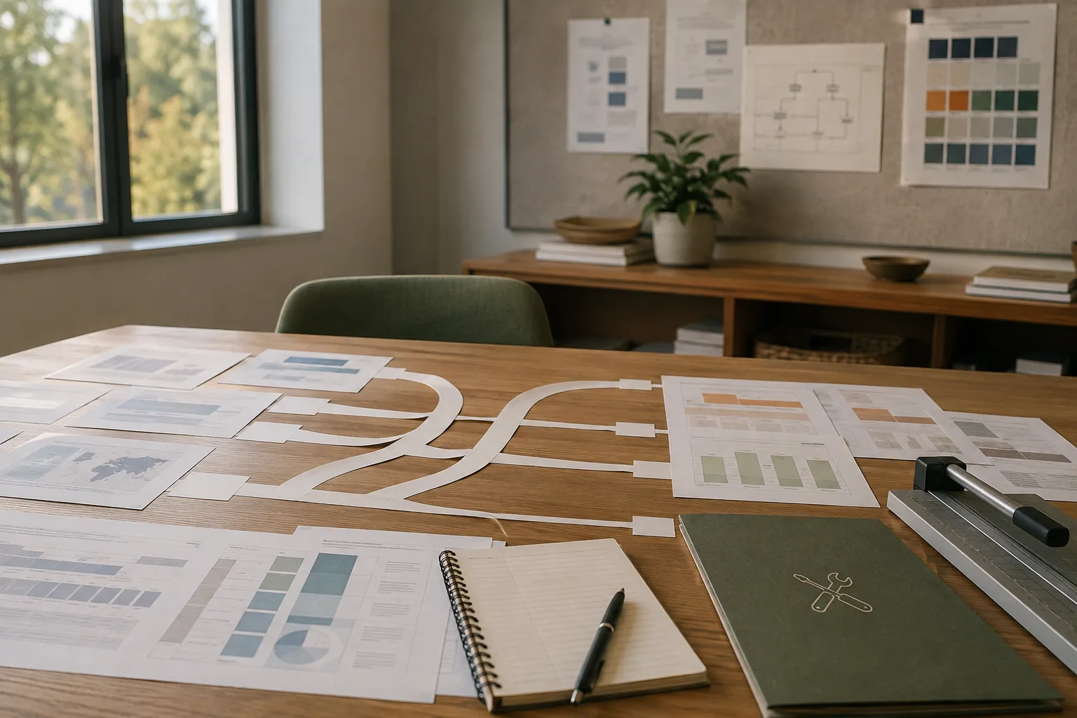 Research table with paper pathways, charts, tools, and workforce materials
